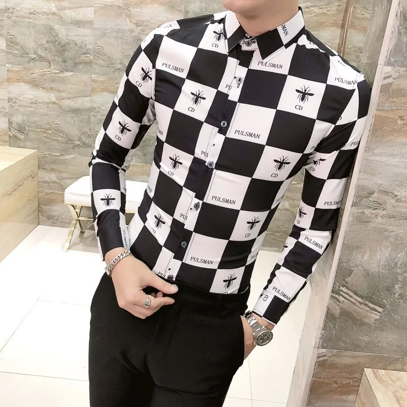 Корейская рубашка в клетку с принтом рубашки высокого качества Мужская одежда