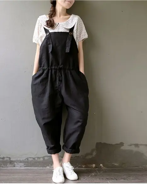 2016 новые Весенние длинные однотонные свободные брюки на подтяжках с карманами