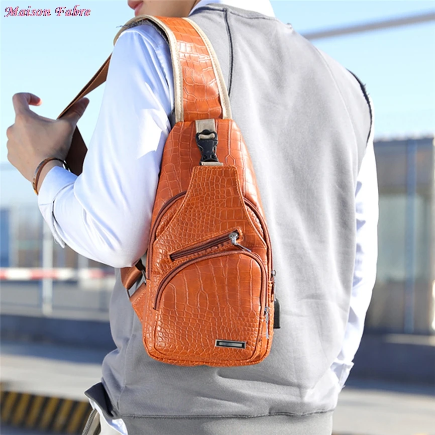 Мужская Диагональная Сумка с крокодиловым узором Спортивная Usb нагрудная сумка