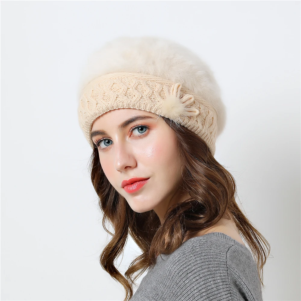 Женская вязаная шапка с бантом Осенняя из кроличьей шерсти 2018|Женские Skullies и