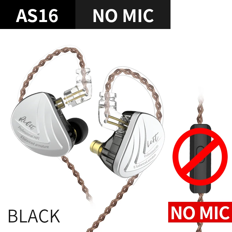 black no mic AS16 8BA 8 сбалансированных арматурных драйвер в ухо наушники HIFI монитор с басом наушники для KZ ZS10 AS10 ZST ZSN PRO ZS10 PRO - Цвет: black no mic