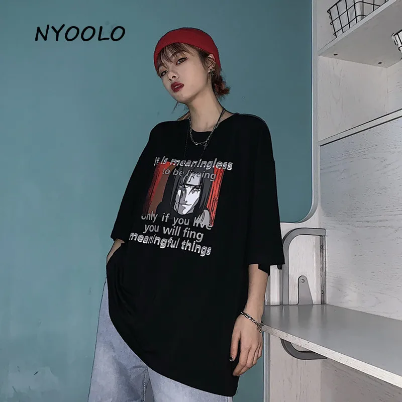 NYOOLO Harajuku винтажный аниме летний с буквенным принтом Футболка Повседневная Уличная футболка с коротким рукавом женская/мужская одежда топы