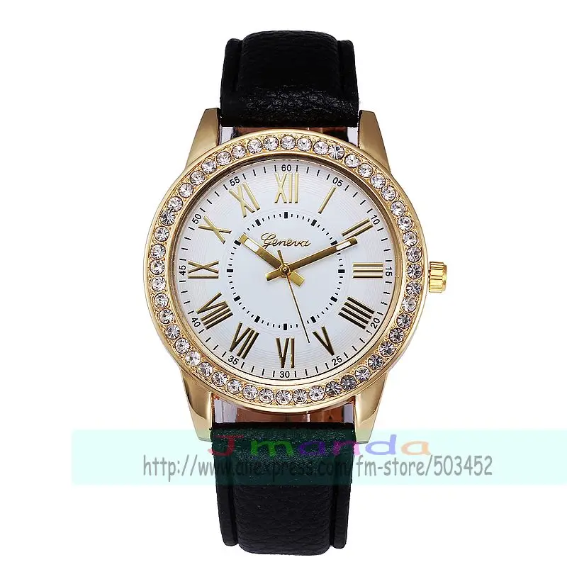black white dial 100 шт/партия заводская цена Geneva бренд золотой корпус кожаные часы римский стиль женские мужские наручные часы обертывание платье Кварцевые черные часы - Цвет: black white dial