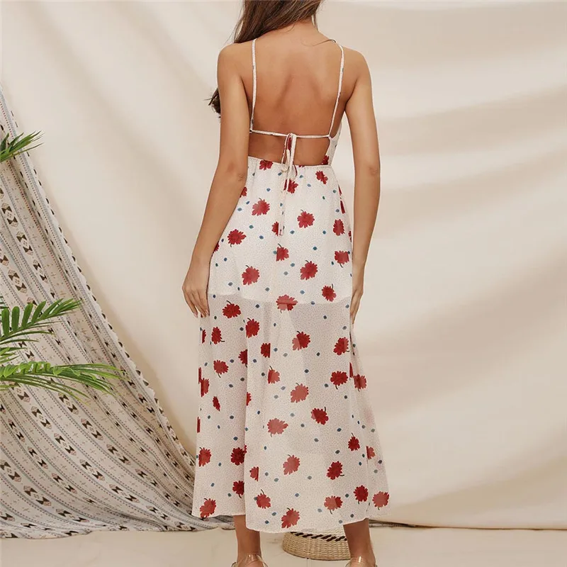 Летнее женское платье с цветочным принтом открытыми плечами разрезом для