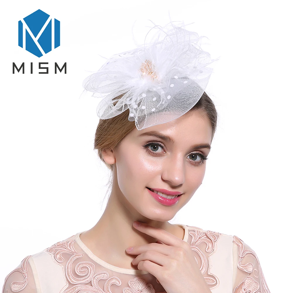 White M MISM Женские аксессуары для волос, Клубная повязка для волос, головной убор, Коктейльная шляпа, заколки для волос, вечерние, женские, сетчатые, с вуалью, с перьями - Цвет: White