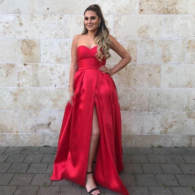 Женское атласное платье-трапеция Красное длинное вечернее платье с вырезом