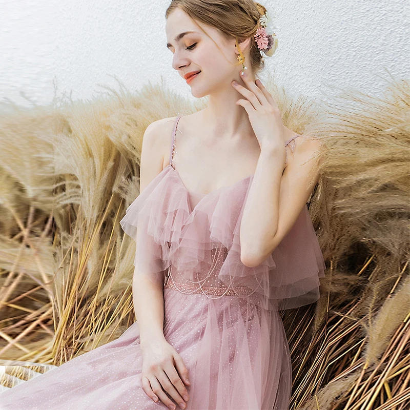 Long Prom Dresses A-line Fairy Formal Party Dress Spaghetti Straps Ruffles Neckline 2019 Bead Sash Tassel Vestidos De Gowns | Свадьбы и