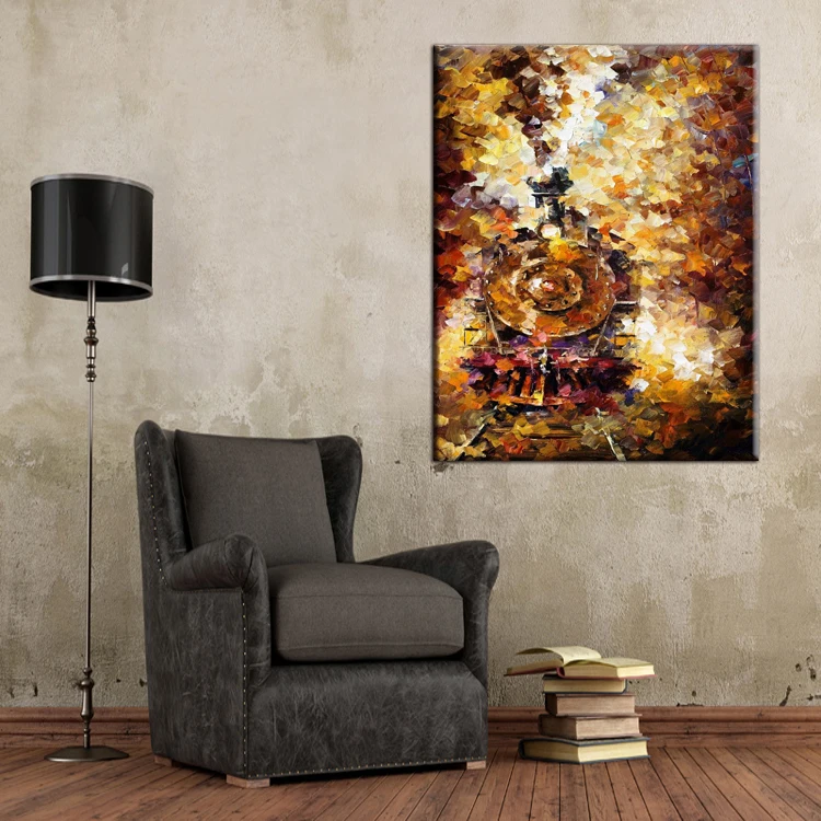 Превосходный художник Чистая ручная роспись красивый золотой поезд картина