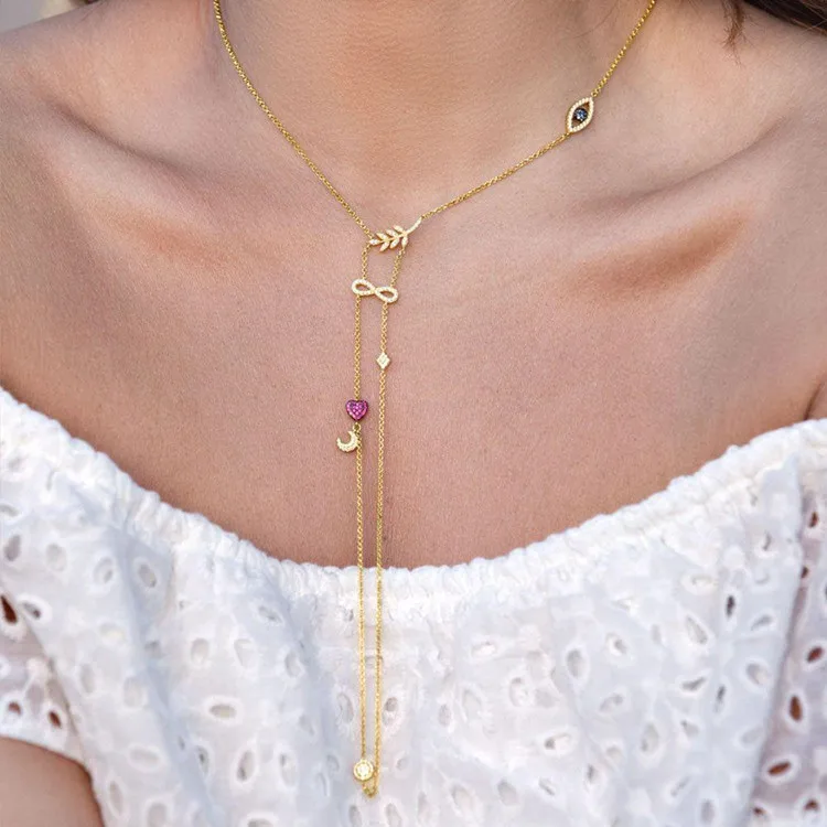Цепочка Женская длинная из серебра 925 пробы с фианитом|eye necklace|long chain necklacechain necklace |