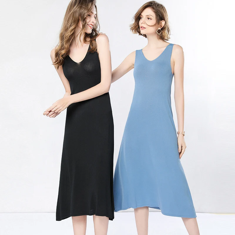 Женское трикотажное платье миди без рукавов с V образным вырезом|Женские платья| |