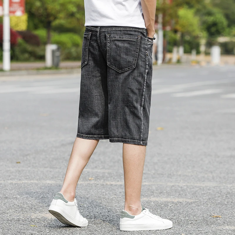 Мужские эластичные шорты прямые облегающие джинсы серого цвета большие размеры