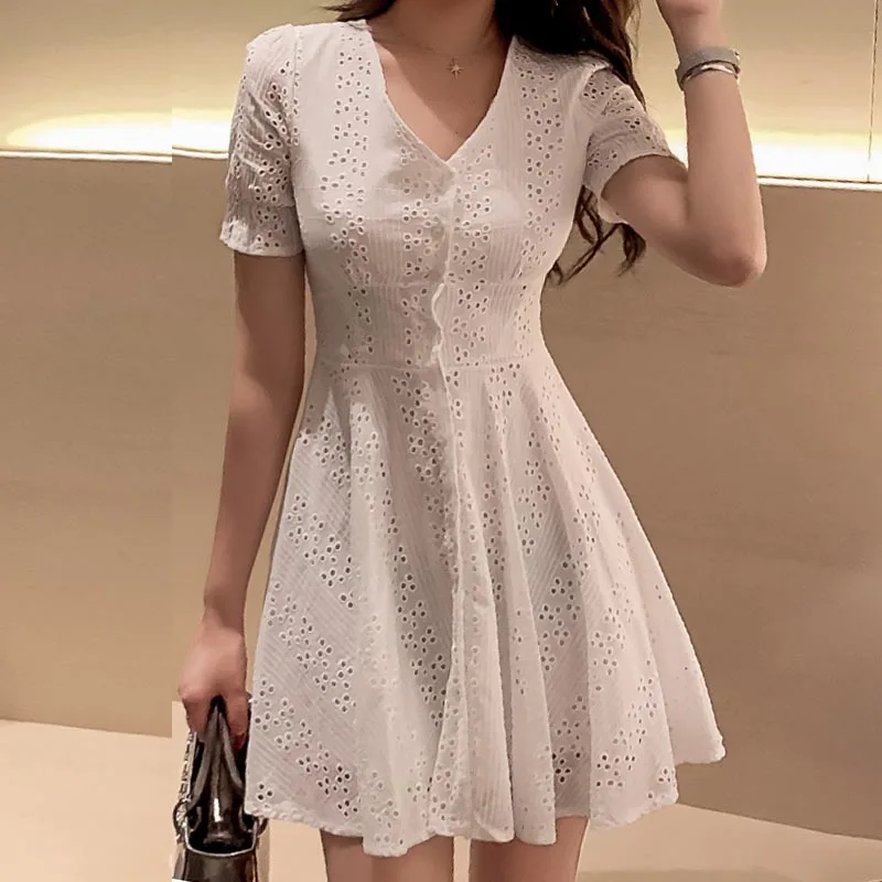 Женское ажурное платье с вышивкой Элегантное повседневное белое V образным
