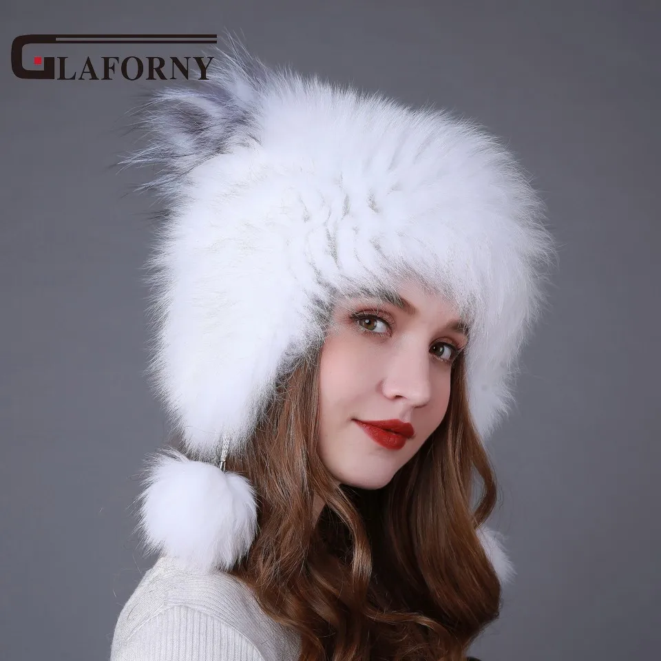 Женские вязаные меховые шапки Glaforny теплые ушанки с помпонами из лисьего меха
