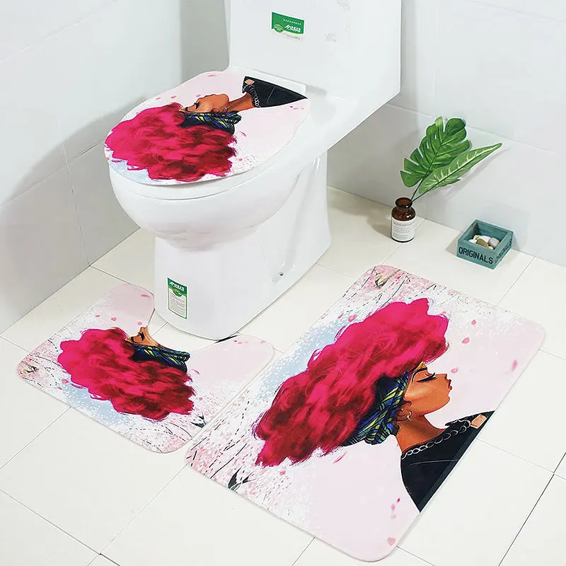 

African Woman Printed 3Pcs Microfiber Bath Mat Set Non-slip Toilet Floor Mats Pedestal Rugs Absorbent Bathroom Carpet Toilet Rug