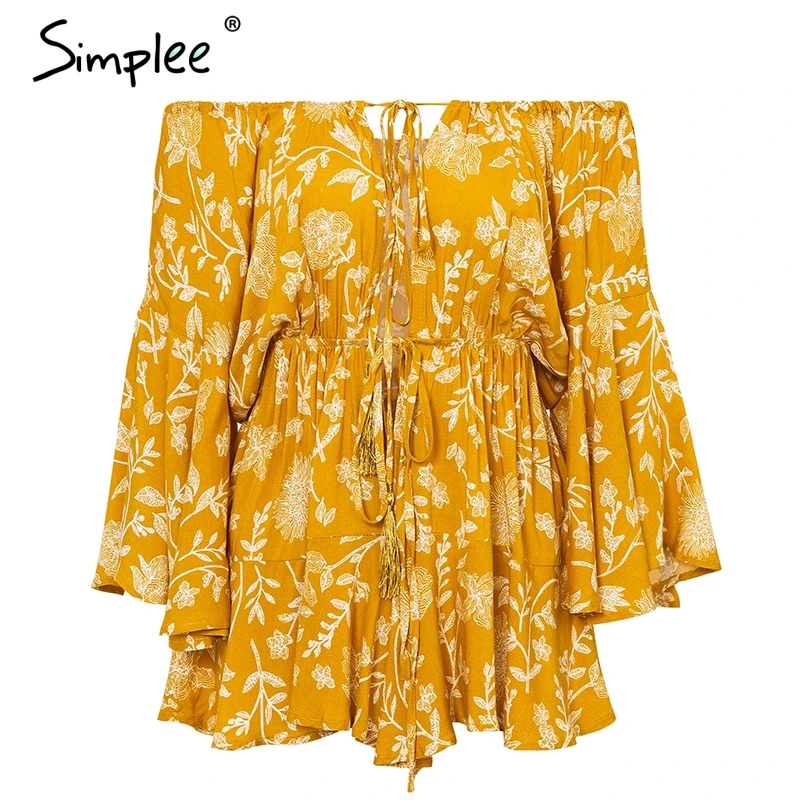 Simplee Sexy slash neck jumpsuit romper women Long sleeve tassel lace up overalls Elastic waist summer boho playsuit | Женская одежда