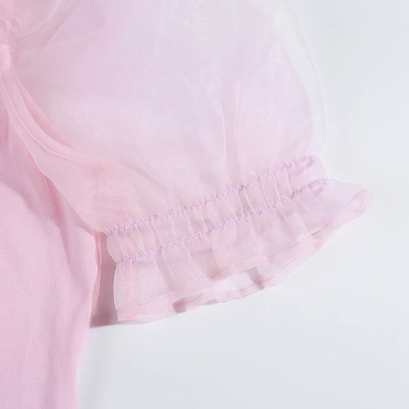 BOOFEENAA Сетчатая футболка с пышными рукавами модная женская летняя коллекция 2019