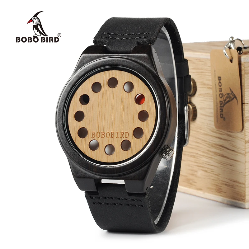 BOBO BIRD WB17 мужские часы Топ бренд класса люкс черный сандаловое дерево Бамбук 12 отверстий циферблат Кварцевые часы с реальным кожаным ремешком OEM