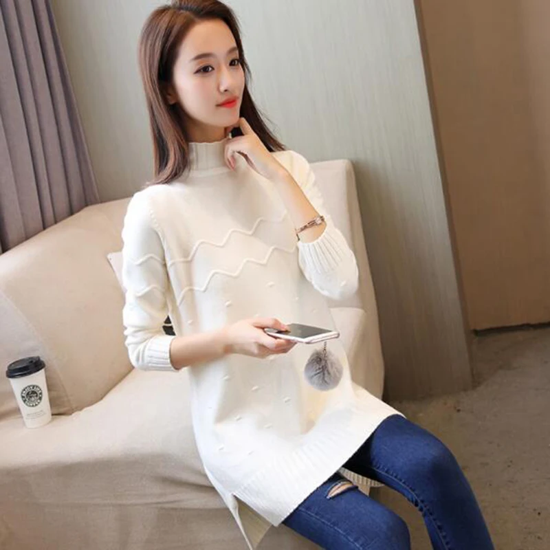 2018 Women's Spring Half Turtleneck Sweater Long Loose Bottom Knit Yellow Gray Apricot Pink Elegant Warm Outside | Женская одежда