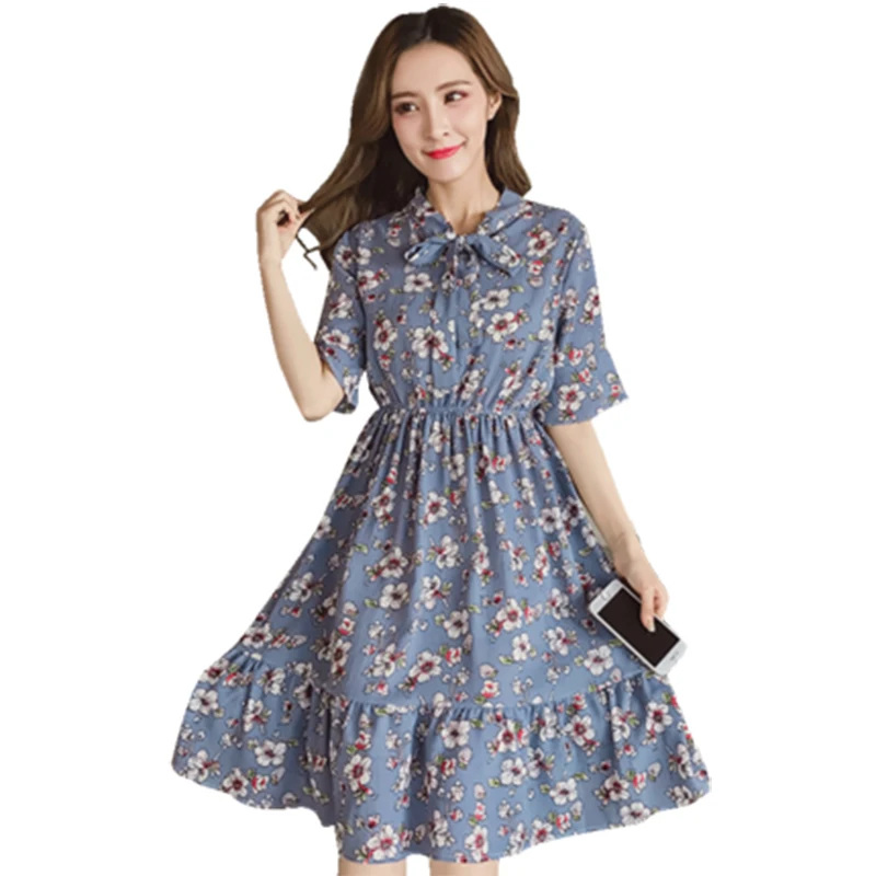 Платье женское повседневное до колена с принтом из шифона брюки клеш эластичным