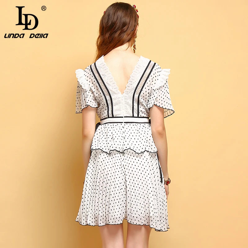 Женское винтажное мини платье LD LINDA DELLA Элегантное летнее в горошек с v образным