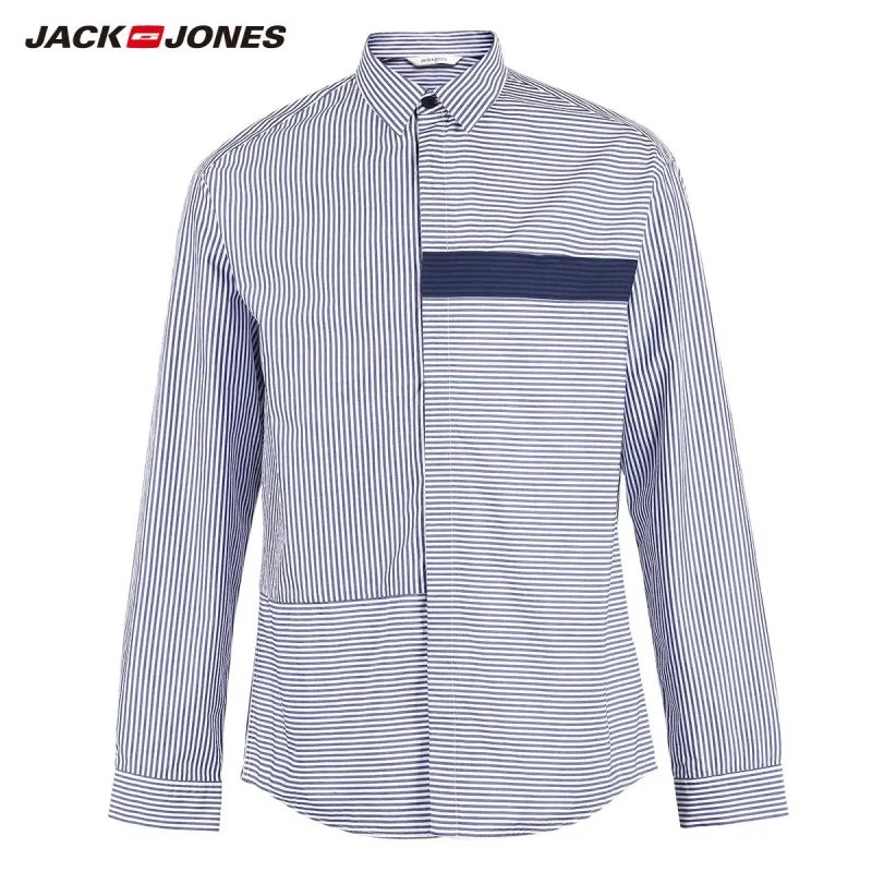 JackJones Мужская хлопковая Повседневная Свободная полосатая рубашка с длинными рукавами Мужская одежда 218305526