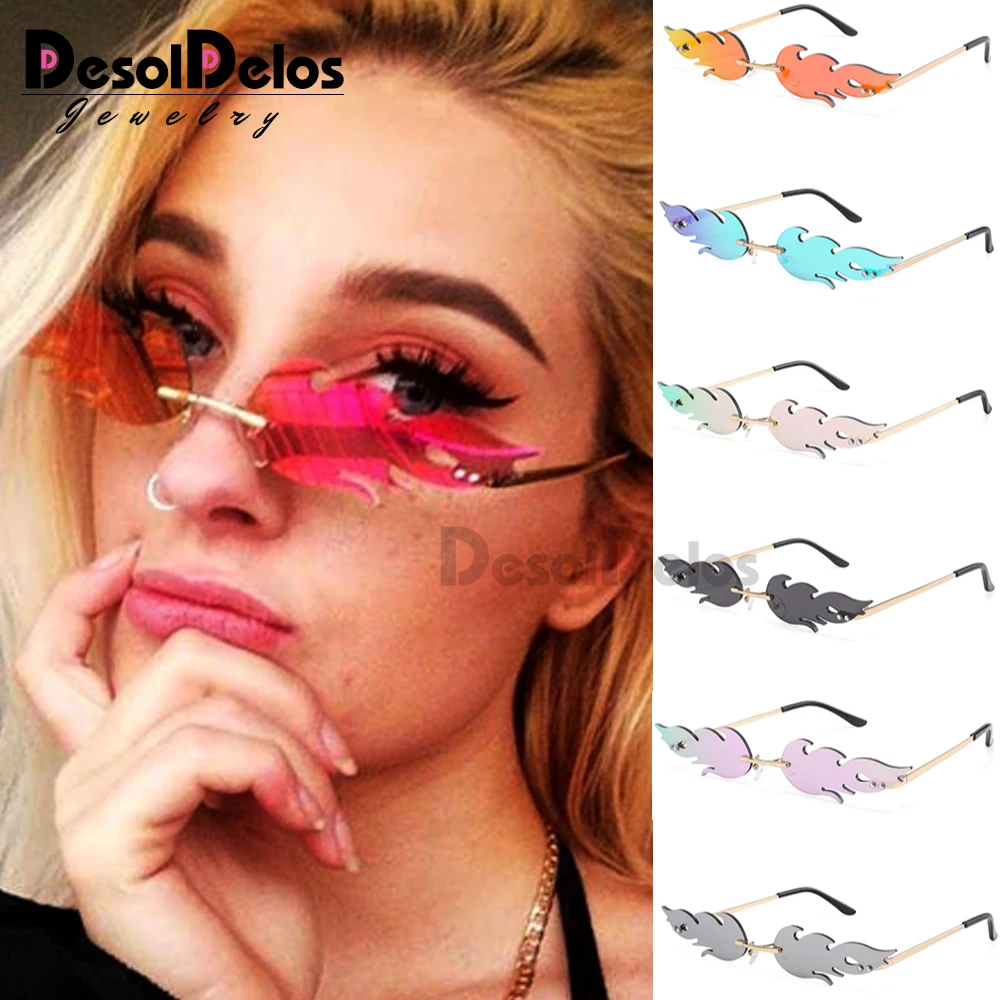 Солнцезащитные очки без оправы N138 для мужчин и женщин, Модные Узкие солнечные очки с рисунком огненного пламени, роскошный дизайн