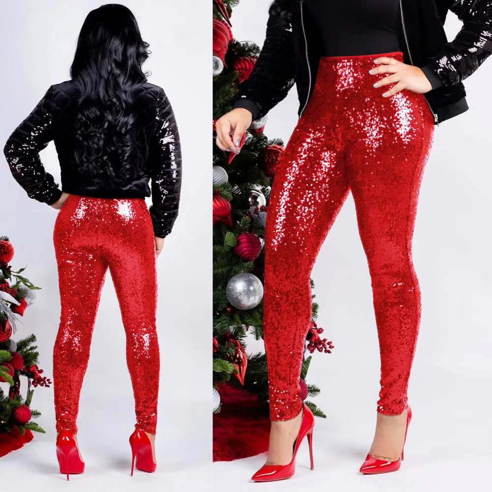 FREE OSTRICH Women Plus Size Shiny Sequin Slim Leggings Pants Ladies Sexy Clubwear Trousers pantalones mujer cintura alta
