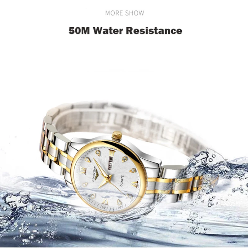 GUANQIN Fashion Couple Watch Set Stainless Steel Men Women lovers Watch Luxury Blue Quartz Watch Women Clock Ladies Wrist Watch