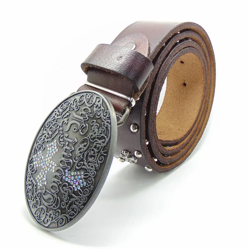 Western Cowgirl Women Belt Cross Concho Genuine Leather Brown Wide Belt for Women Oval Buckle Fashion Casual Appral Accessories