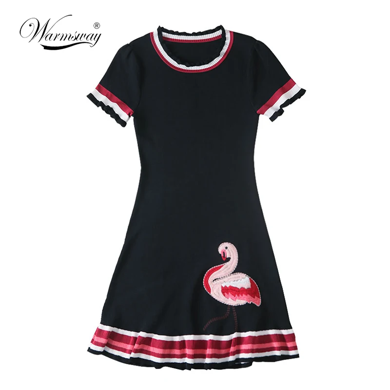 Летнее платье 2019 женское веселое расклешенное с вышивкой Фламинго повседневное