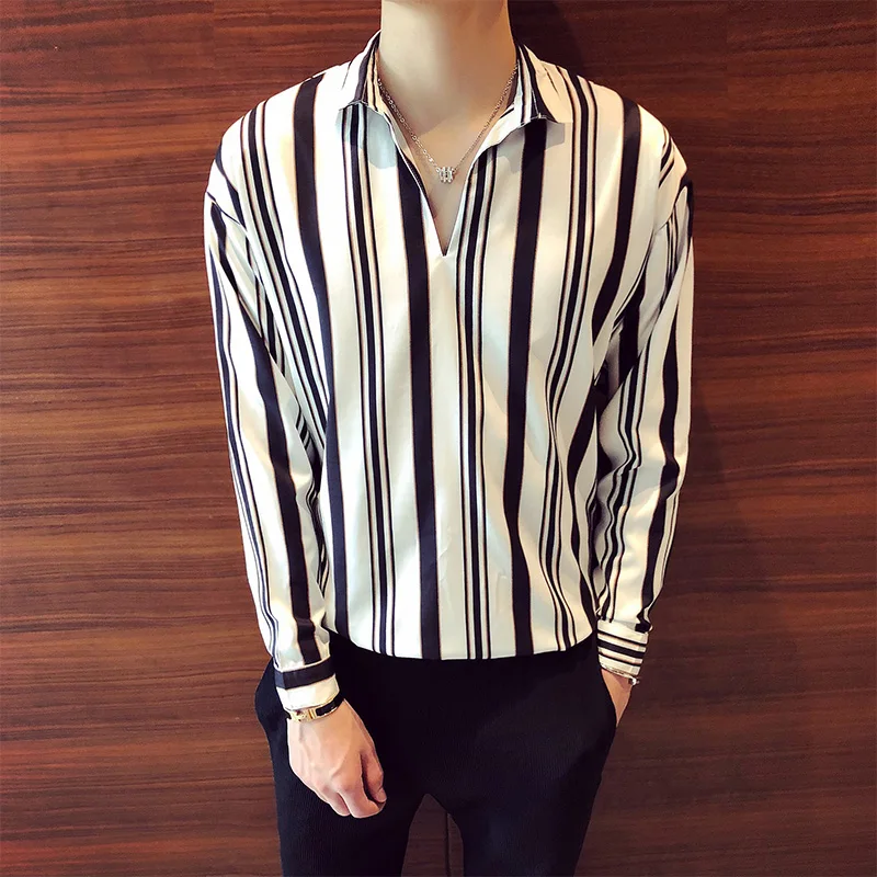 Модная мужская рубашка с v образным вырезом и длинным рукавом Хлопковая