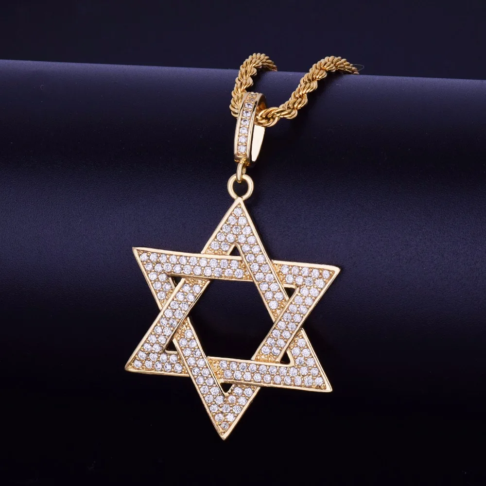 Iced Star of Danid ожерелье и подвеска СТАЛЬНАЯ ВЕРЕВКА цепь Золотой Цвет Bling кубический циркон мужские хип-хоп ювелирные изделия для подарка