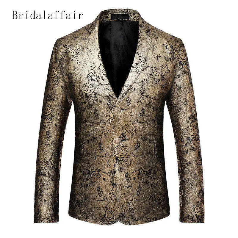 Золотой Bridalaffair Модный повседневный мужской блейзер Пейсли цветочные Куртки Золотой сценический костюм пиджак Элегантный Выпускной свадебный Мужской Блейзер Пальто - Цвет: Золотой