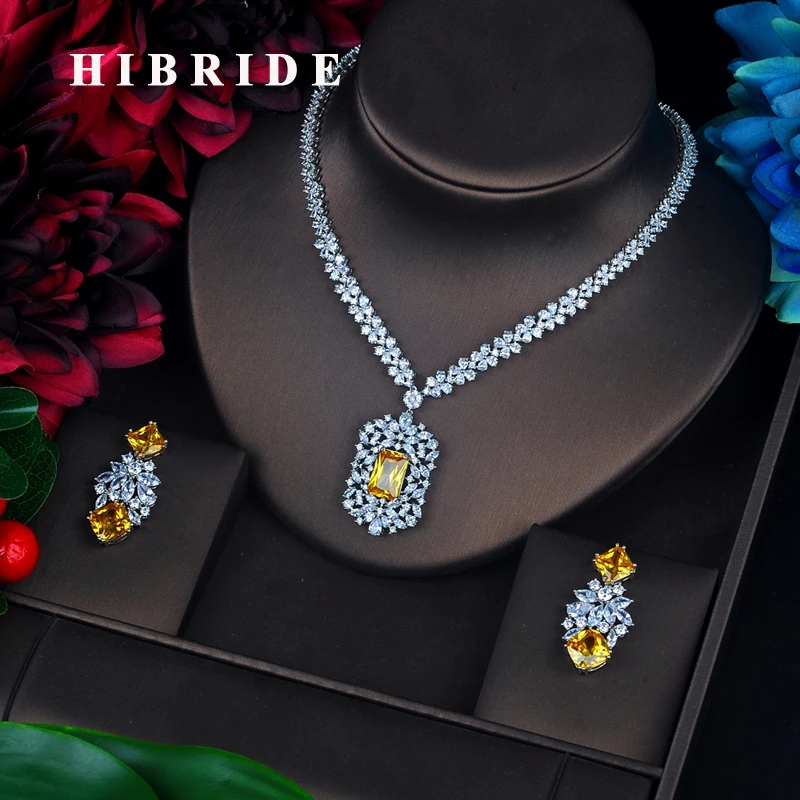 HIBRIDE сверкающий желтый камень кубический циркон ювелирные наборы Длинные Pendanties