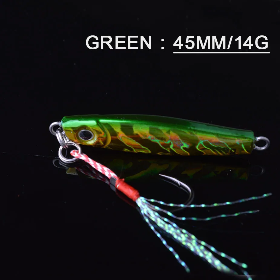 green 45mm 14g TOMA 1 шт./лот, мини-джиг, медленный шаг, приманка для джига, 7 г, 14 г, 28 г, 40 г, длинный литой металлический рыболовный джиг, Тонущая Морская Рыбалка снасти - Цвет: green 45mm 14g