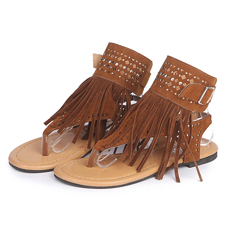 Модные женские сандалии на плоской подошве с бахромой Летняя женская обувь