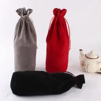 High Quality Black/Red/Gray 10x33cm Cylindrical Round Bottom Velvet Pouch Big Drawstring Gift Bag Wine Bottle Packaging Bags | Украшения и