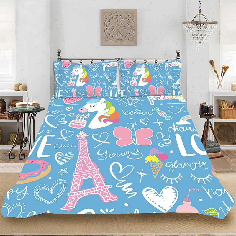 Милые буквы никорн 3D печать дети постельные принадлежности набор постельных