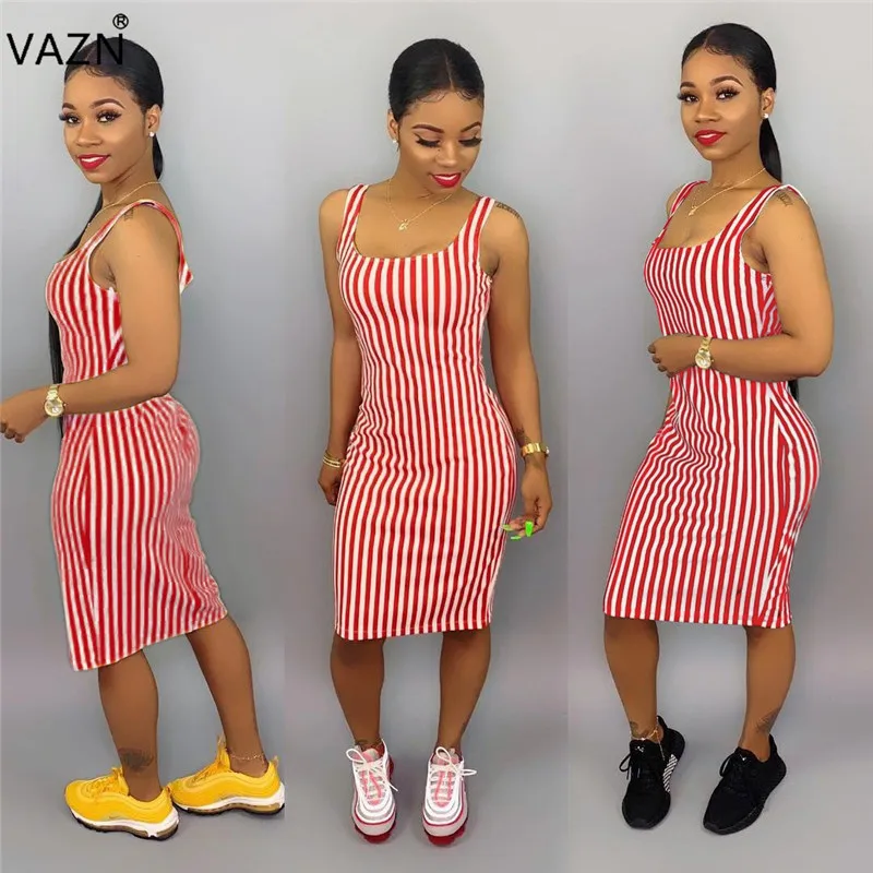 Женское платье футляр в полоску VAZN облегающее средней длины с круглым вырезом и