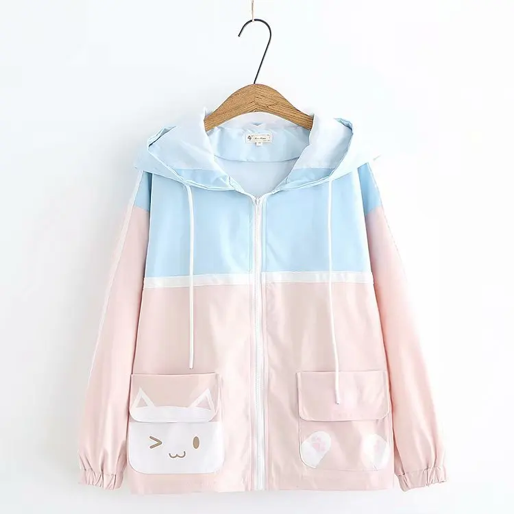 Японский Винтаж Kawaii розовая куртка для подростков Mori Girl Осень Женская Повседневная цветная верхняя одежда с завязками на молнии милое пальто с котом