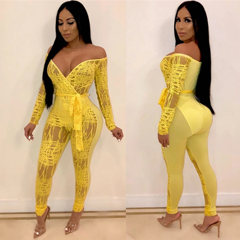 Сексуальный комбинезон с открытыми плечами длинным рукавом боди для женщин