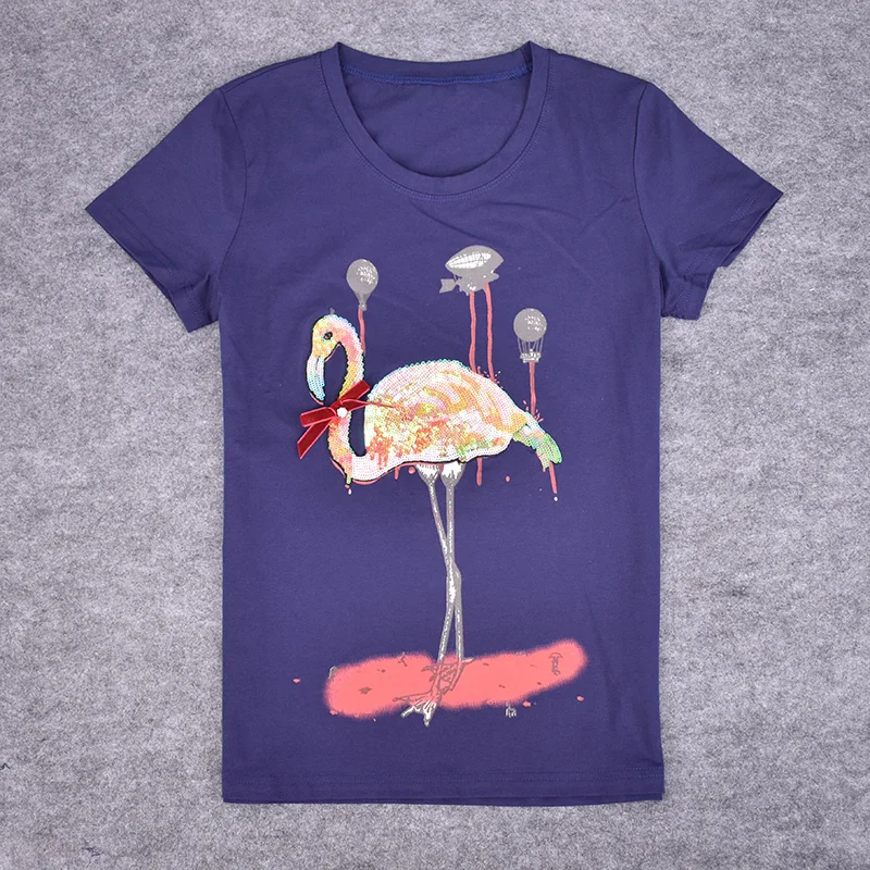 Модные футболки с коротким рукавом женские топ блестками и принтом журавлей