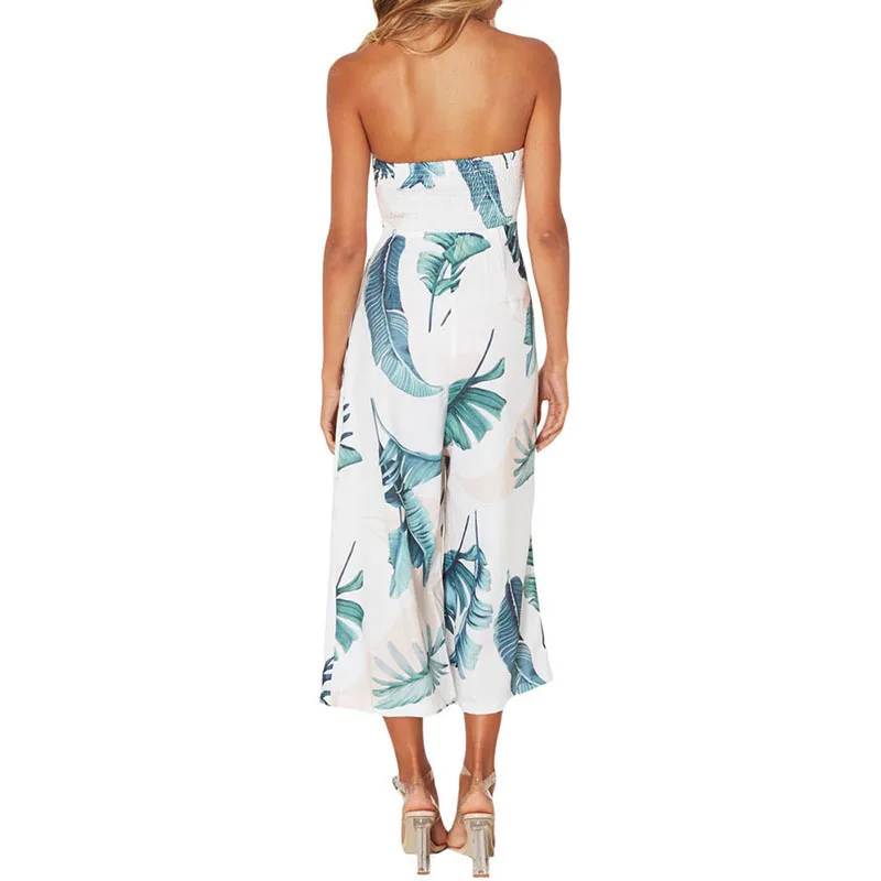

SEBOWEL Leaf Print Strapless Wide Leg Jumpsuit Woman Summer 2020 Fashion Female Vacation Pattern Printed Style Ladies Romper