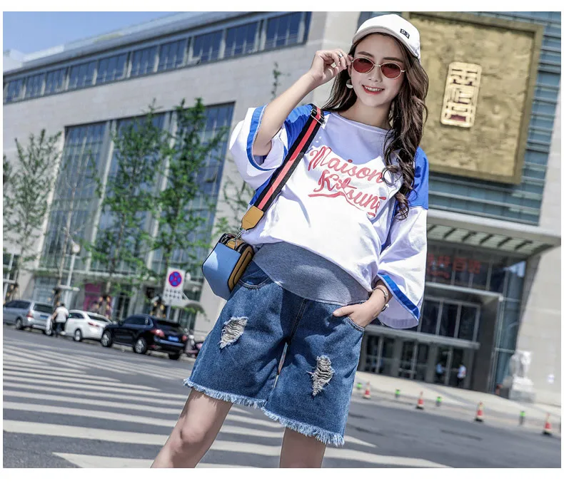 Летние брюки для беременных Fdfklak большие размеры синие джинсы шорты с высокой