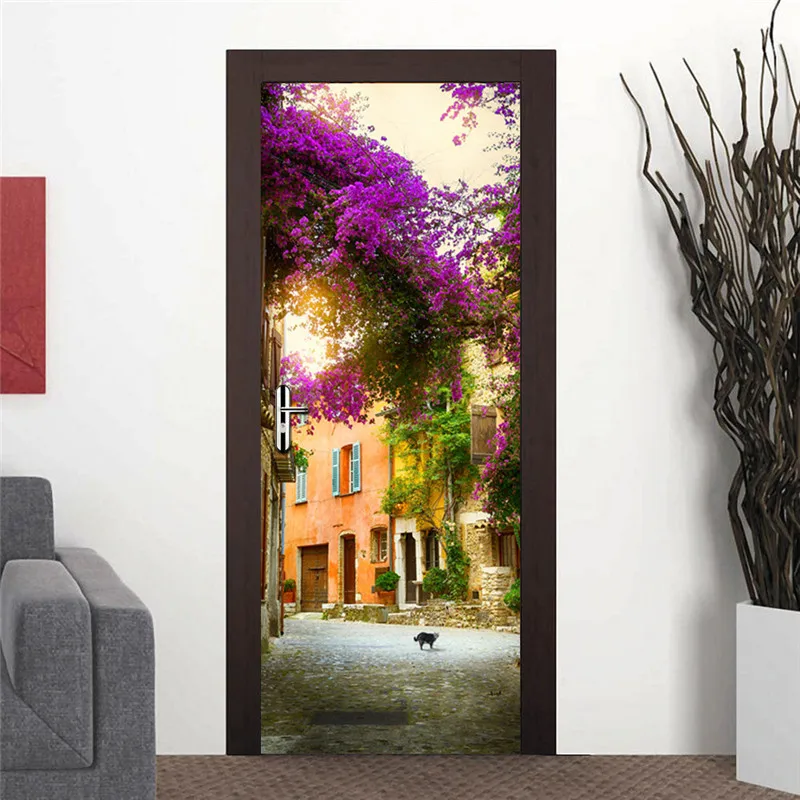 

Wisteria Flower Europe Town Scene Wall Poster for Kids Room Decoration Mural Art Wall Door Stickers PVC Material DIY