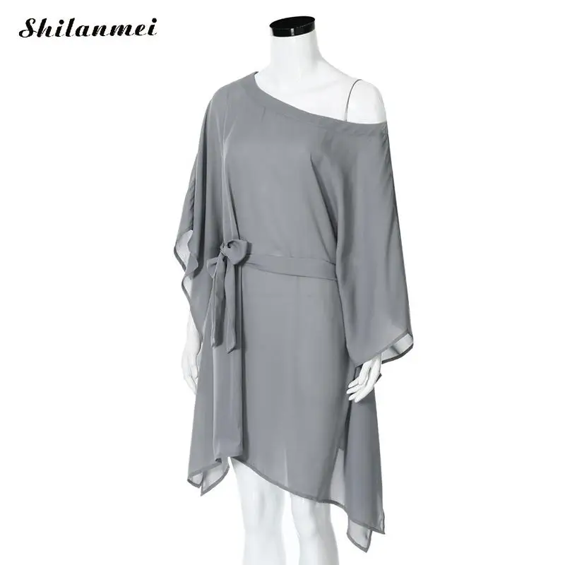Fashion Women Chiffon Dress Spring Autumn Strapless Casual Solid Loose Batwing Sleeve Mini With Belt Irregular Beach | Женская одежда