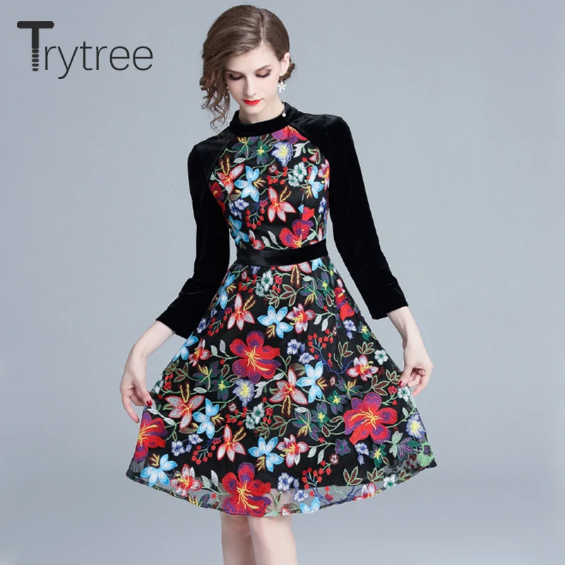 Trytree осеннее женское платье трапециевидной формы с цветочной вышивкой из бархата
