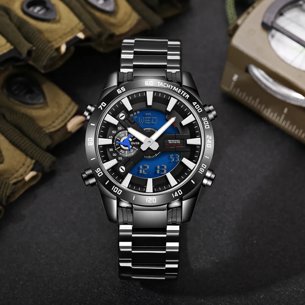 TEMEITE большой корпус армейские электронные часы Мужские Dual Time хронограф верх