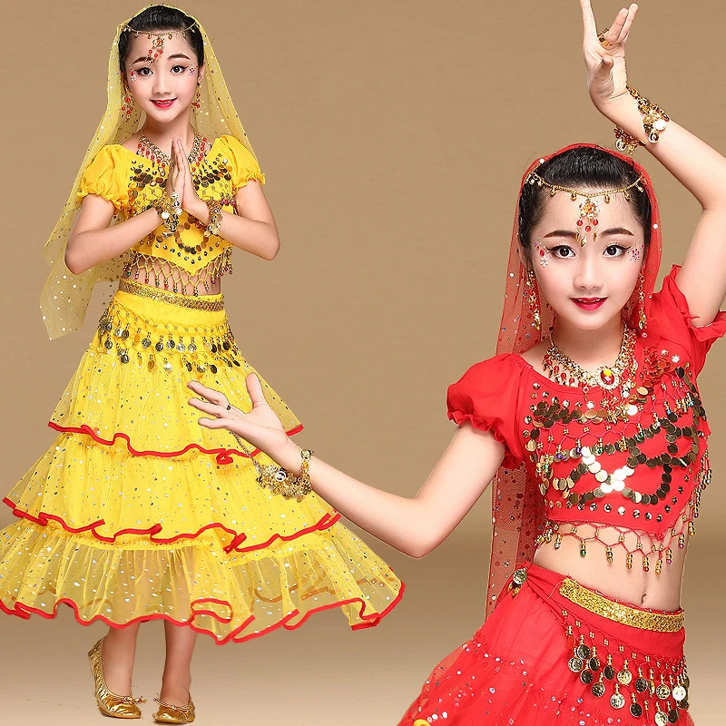 

Танцевальный Костюм Болливуда индийские костюмы для детей, комплект одежды для танца живота, 5 предметов, шифоновая длинная юбка с поясом