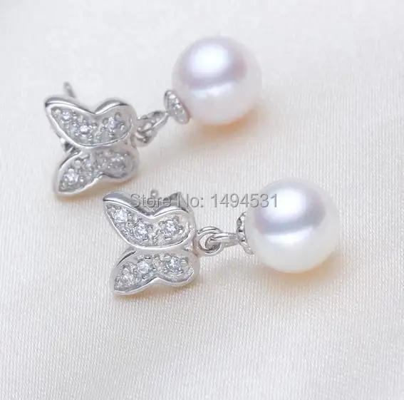

Wholesale Pearl Jewelry,White AAA 8MM Genuine Freshwater Pearl Earrings ,Butterfly Sterling Silvers Dangle Earrings,Wedding Gift